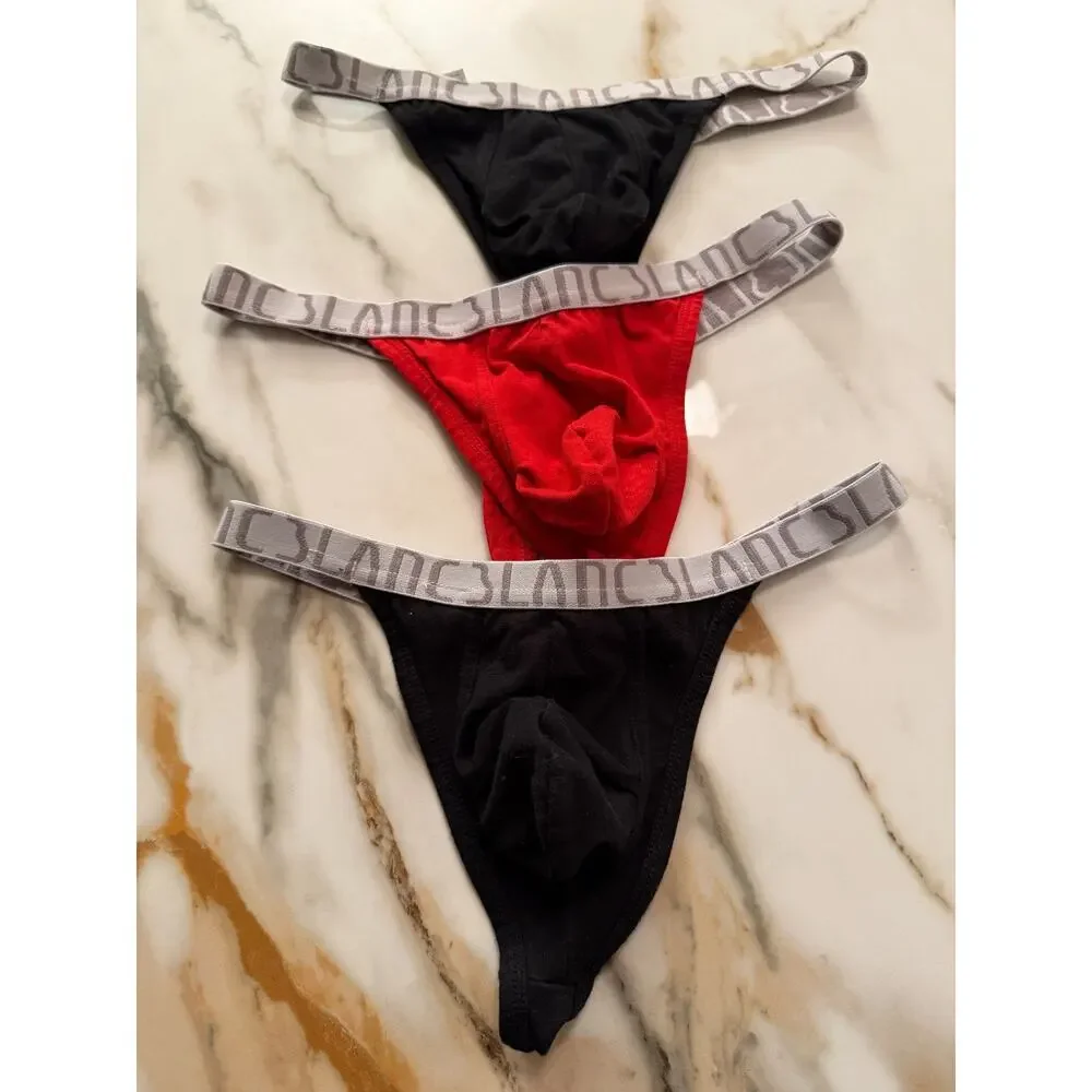 NEW Set Of 3 Blanc Menswear Cotton Classic G-String Thong Color Black Red Medium